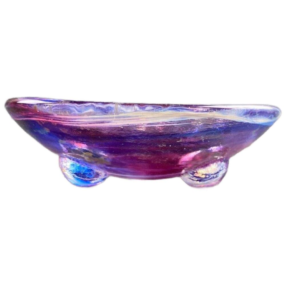 Vintage Purple Blue Swirl Studio Art Glass 3-Toed Trinket Ring Dish